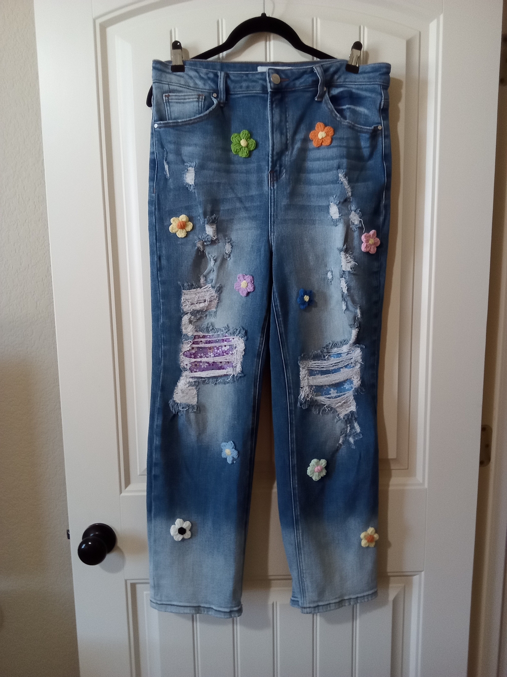 Upcycled Risen Distressed Denim Straight Leg Jeans Sz 15/32